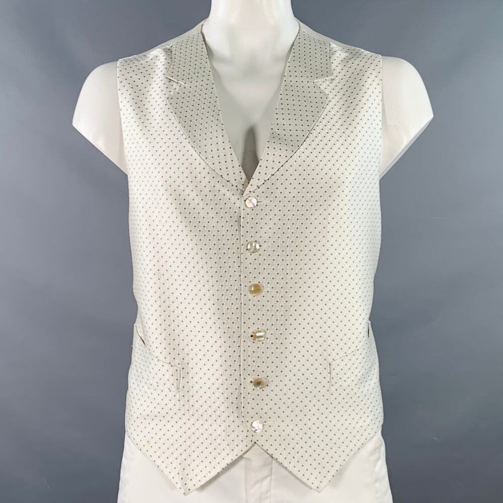 FAVOURBROOK Size 46 Beige Navy Dots Silk Classic Notch Lapel Vest